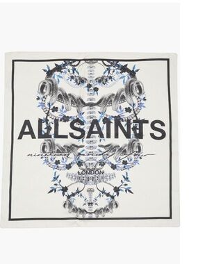 AllSaints Helena skull Floral Snake Logo Silk Scarf - White & Blue